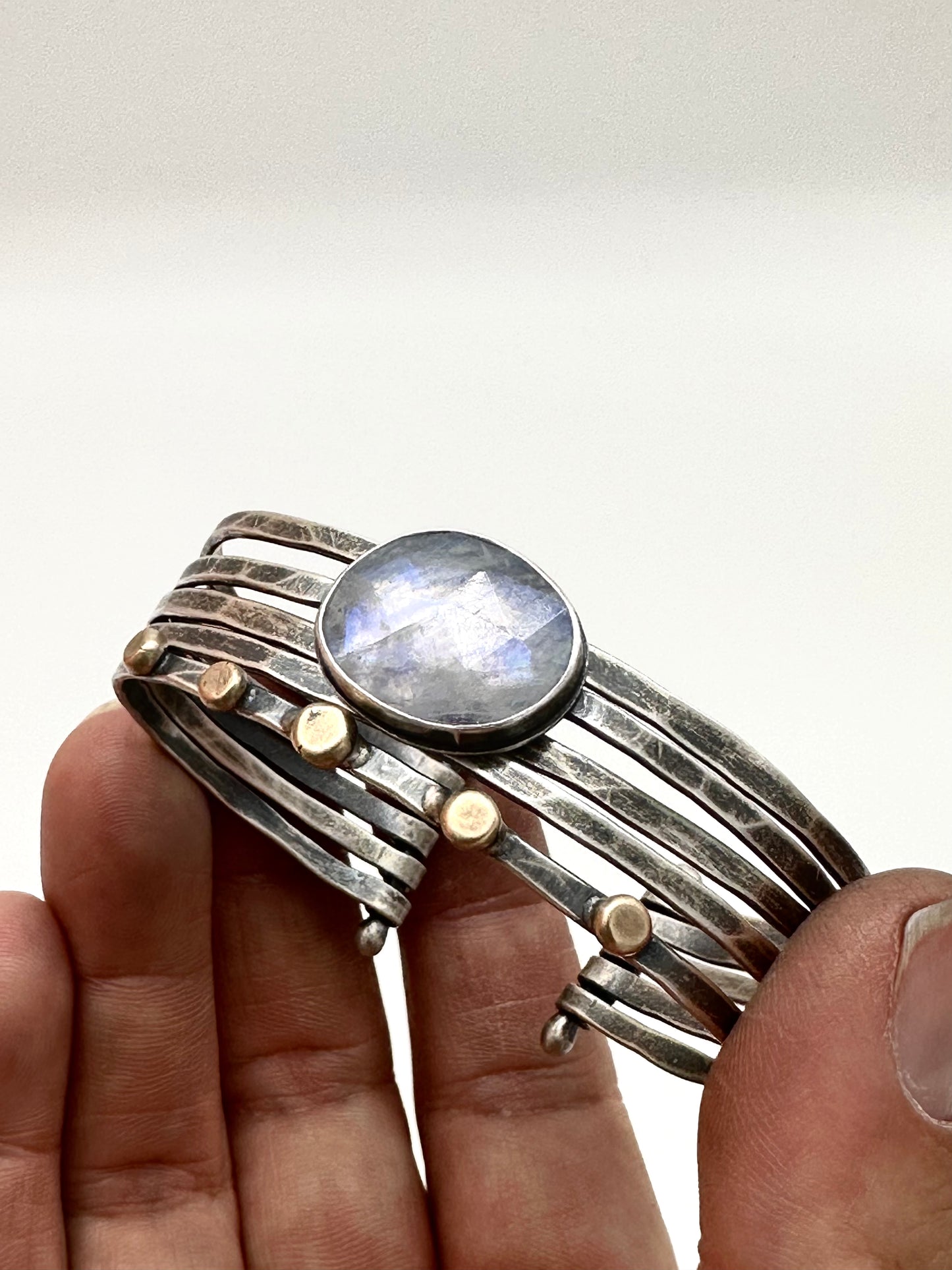 Stacked - Attached Bracelet - Rainbow Moonstone  - Cuff with Movement - ready to ship