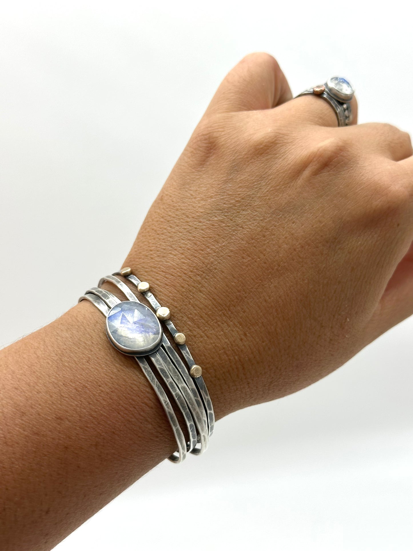 Stacked - Attached Bracelet - Rainbow Moonstone  - Cuff with Movement - ready to ship