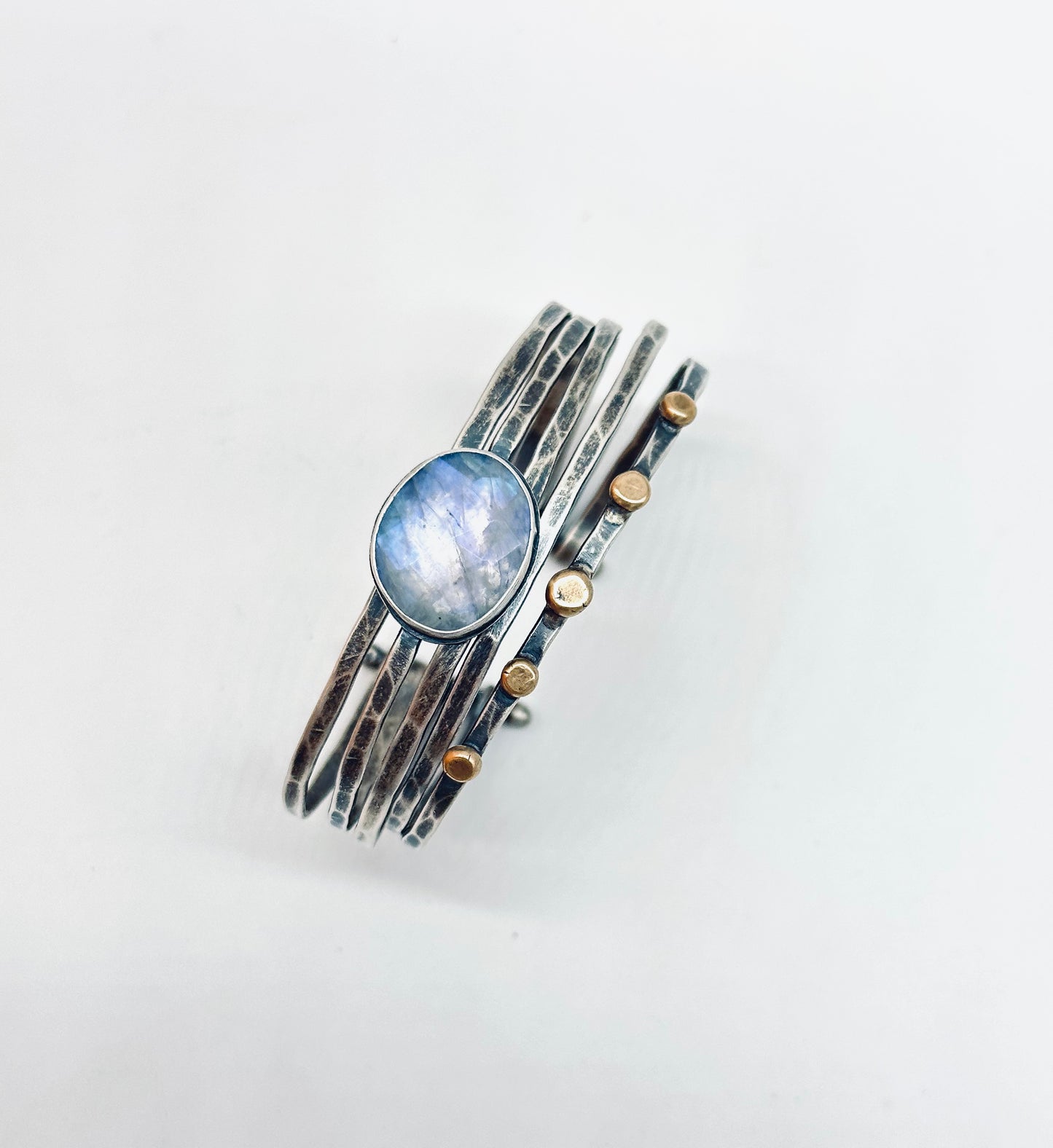 Stacked - Attached Bracelet - Rainbow Moonstone  - Cuff with Movement - ready to ship