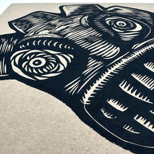 Load image into Gallery viewer, Primos Hermanos ~ mask ~ linocut ~ 10 x 10 in
