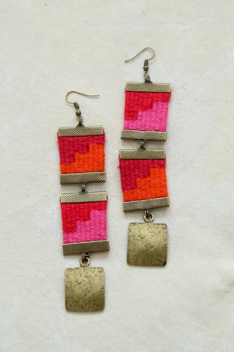 Earrings - Double Woven Long (Antique Brass) - Red & pink