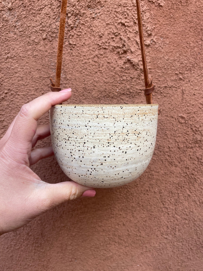 Hanging Speckled Planters ~ stoneware & Leather