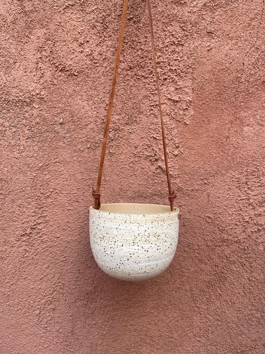 Hanging Speckled Planters ~ stoneware & Leather