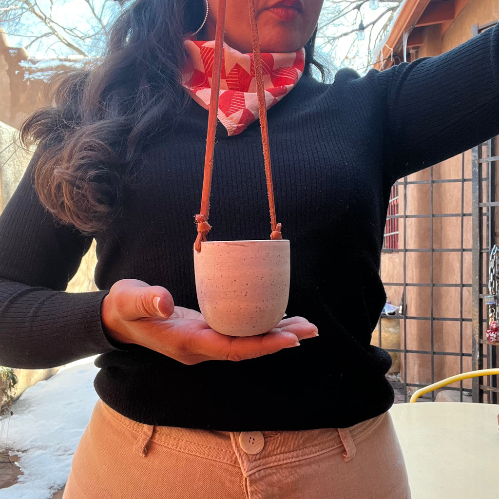 Hanging Speckled Planters ~ stoneware & Leather