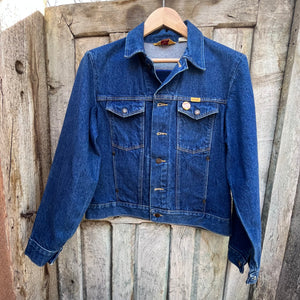 Denim Rustler Jacket - Handwoven back panel - Size Medium