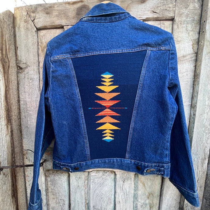 Denim Rustler Jacket - Handwoven back panel - Size Medium