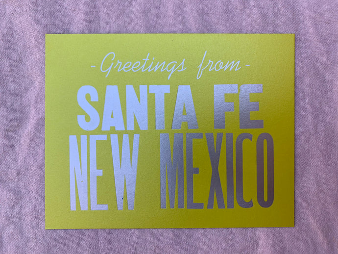 Greetings from Santa Fe, New Mexico hand printed postcard