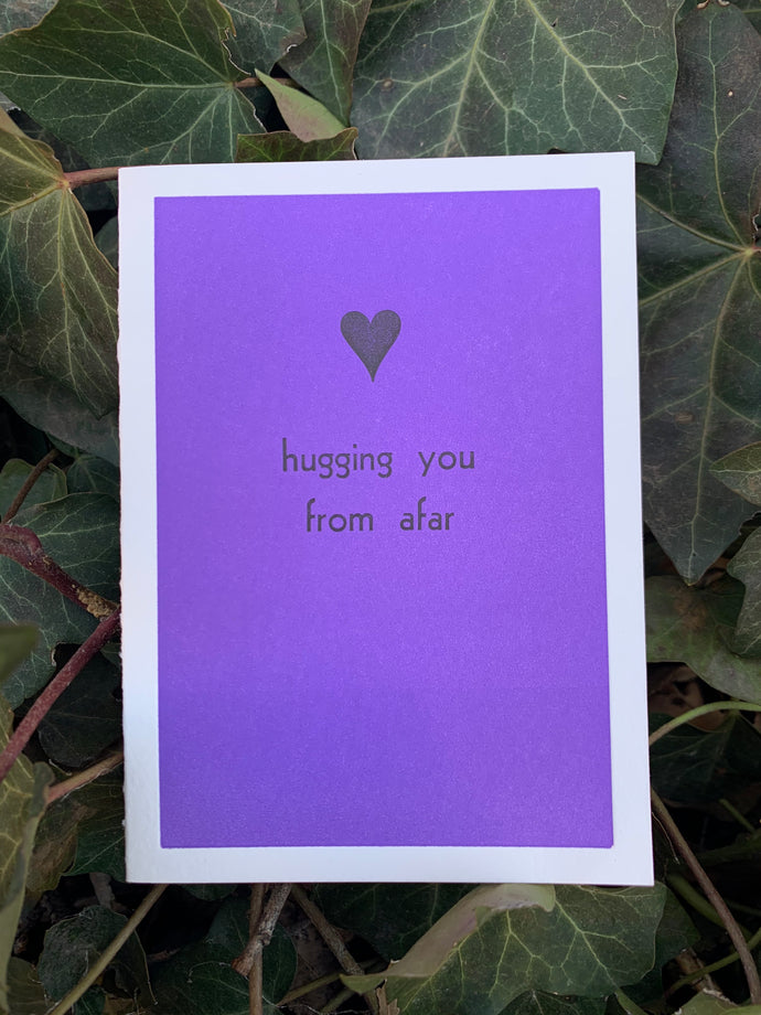 Hugging You From Afar hand printed blank greeting card