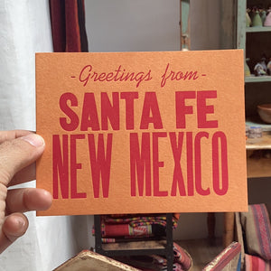 Greetings from Santa Fe New Mexico hand printed postcard
