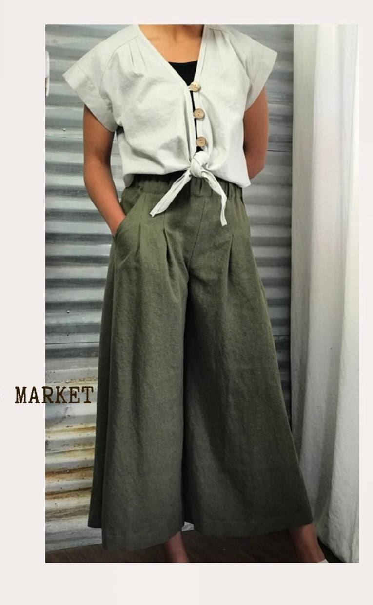 Pleated Palazzo Pants ~ Hemp & Lyocell~ Olive