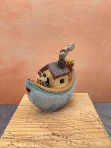 Whistle Boat ~ miniature Sculpture - light blue
