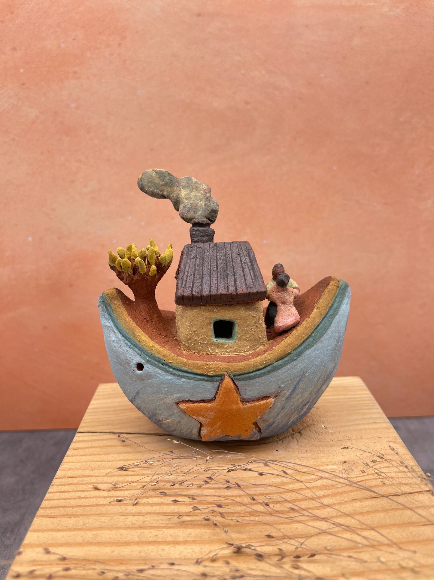 Whistle Boat ~ miniature Sculpture - light blue